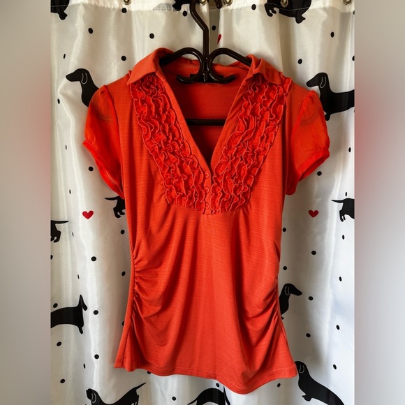 HeartSoul orange-red Ruched Blouse with Polo Collar - Picture 1 of 4